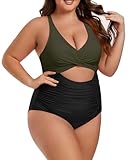 Aidonger Plus Size One Piece Swimsuit for Women Tummy Control Bathing Suit Cutout High Waisted Tie Back 1 Piece Swim Suit Green Black