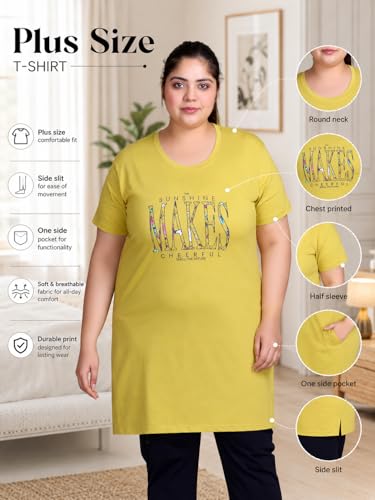 Image of In Love Women's Printed Cotton Plus Size Longline T-Shirt with Pockets | Cotton fabric - soft longline T-shirt with easy plus-size fit