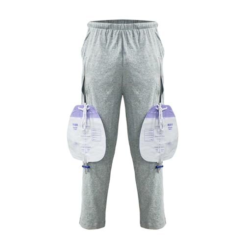 Catheter Leg Bag Pants for Men Women, Dual Pocket Pure Cotton Knit Pants to wear with catheter Lightweight Breathable for Hot Seasons(Grey-XL)