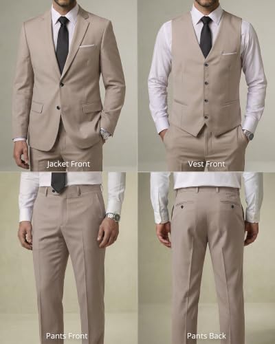 Image of YND Men's 3 Piece Suit with Tie, Solid Color Slim Fit Jacket Vest and Pants