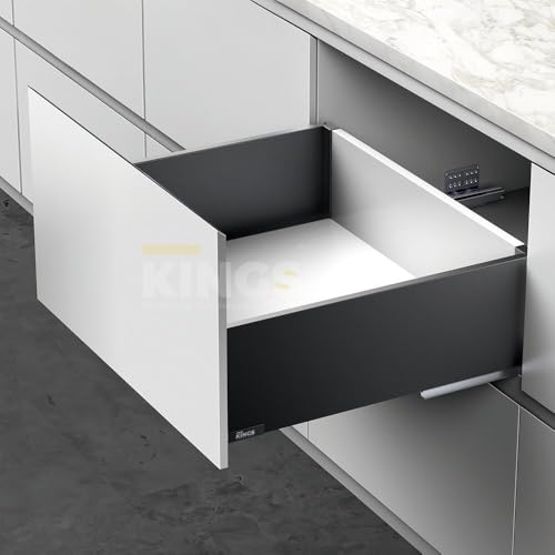 Image of Kings Soft Close Tandem Box Drawer System for Modular Kitchen | Load Capacity Upto 45 Kg | Galvanised Steel, Full Extension Slides- 500mm Length x 167mm Height (8 Inch), Iron Grey- 5 Year Warranty