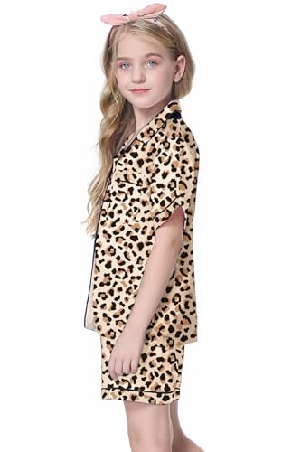 Schbbbta Girls Satin Pajamas Sets 2 Piece Silky PJ Set Short Sleeve Button Down Shirts Sleepwear for Kids，Brown Leopard, 5-6 Years = Tag 1303