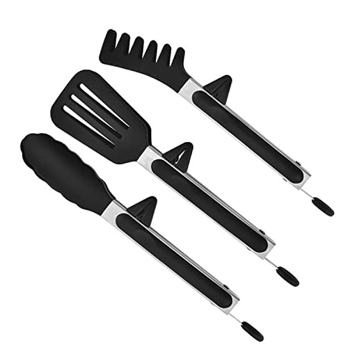 Image of YANCI Kitchen Tongs Set of 3, Multipurpose Heat Resistance Cooking Tongs with Resting Gadget, Heavy Duty Stainless Steel with Robust Silicone Tips & Locking Clips for Cooking BBQ Baking (Black)