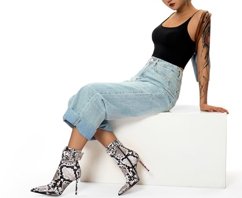 Aachcol Womens Pointed Toe Stiletto Heel Buckle Ankle Boots Patent Leather High Heel Mid Calf Zipper 4 Inches Heels Booties2