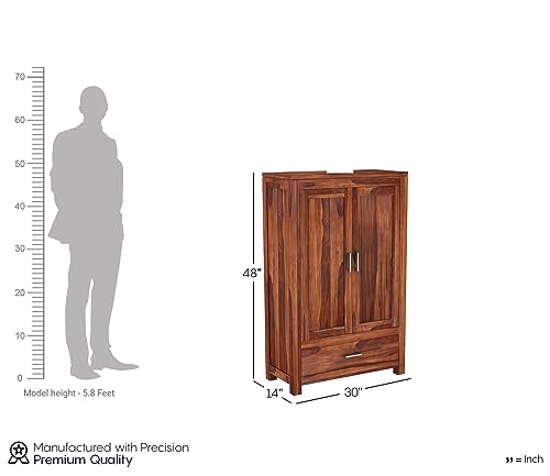 Image of Sheesham Wood Wooden 2 Door Wardrobe Organizer for Clothes | - Solid Wood Almirah with 1 Drawers, 3 Shelves - Cupboard for Large Bedroom (Design 10)