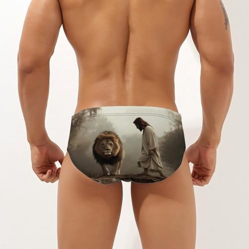 Man and Lion Printed Swim Briefs for Men Sexy Bikini Swimwear Elastic Beach Trunks Bathing Suit3