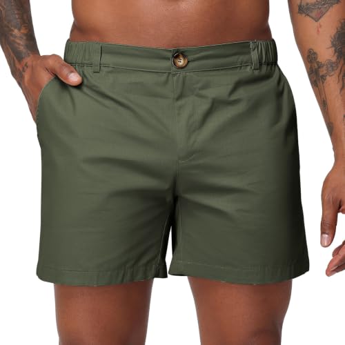 Image of Oymyakon Men's 6 Inch Shorts Casual Cotton Flat Front Chino Shorts Summer Elastic Waist Pull On Short with Pockets