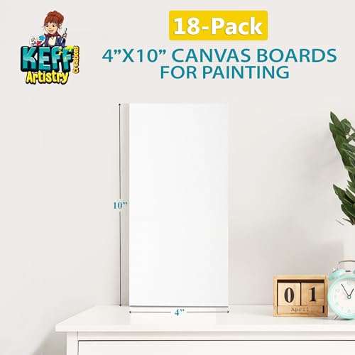 KEFF Canvas Boards for Painting - 4x10 18-Pack Bulk Canvas Panels, 100% Cotton Triple Primed Small Canvases for Painting Supplies, Acrylic, Oil, Watercolor & Tempera