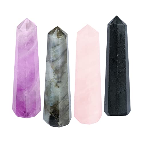 FASHIONZAADI Natural Amethyst Rose Quarts Fluorite Gemstone Healing Crystals Single Point Wand Polished Tumbled Stones For Reiki Healing Crystal Wicca Decor & House Decoration Gift Size - 50-55 Mm Cover