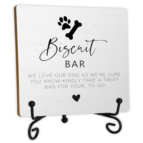 SkipTiger Biscuit Bar Wedding Wooden Desk Sign, Dog Treat Favor Wedding Wood Plaque With Stand for Biscuit Bar Ceremony and Reception Event Party Desk Tabletop Shelf Decor