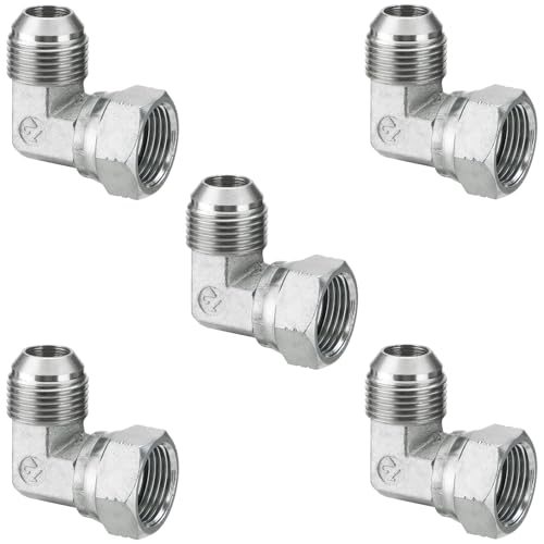 Image of 5 Pack 90 Degree Elbow JIC 37 Hydraulic Fittings: 3 /4 inch JIC Male x 3 /4 inch JIC Female, with Protection Cover Hydraulic Hose Swivel Crimp Fittings | 5 Pack Carbon Steel Hydraulic Hose Swivel Crimp Adapters with Protective Cover for Hydraulic Assembly System - 6500-12-12