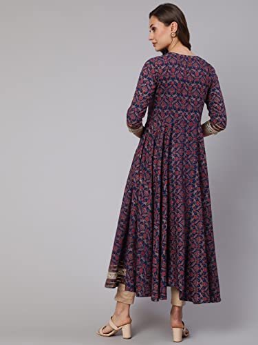 Image of Women Cotton Embroidered Printed Round Neck 3 /4 Sleeve Flared Kurta