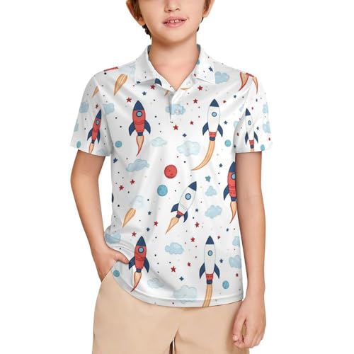 Boys' Classic Polo Shirts Short Sleeve Moisture-Wicking Golf & Tennis Shirts for Youth Teens Rocket Stars