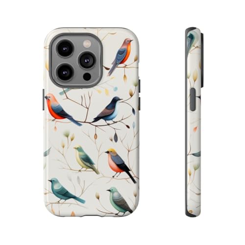 Coque rigide iPhone 14 Pro blanche anti-rayures motif oiseaux colorés