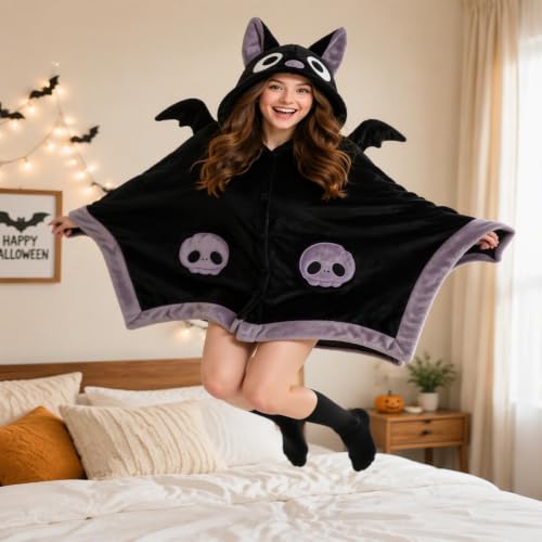 JQZXHQ Cute Halloween Bat Blanket Hoodie Oversized Soft Sherpa Wearable Blanket with Demon Wings Devil Bat Hooded Cloak Wrap for Adults Women Men Students Free Size by JQZXHQ - Used condition - Image 3