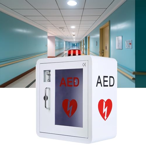 DUXMM AED Wall Mounted Storage Cabinet diseño de Esquina Redondeada para desfibrilador DEA con Alarma y luz estroboscópica de Emergencia para el hogar,Hospital,Lugares públicos,White
