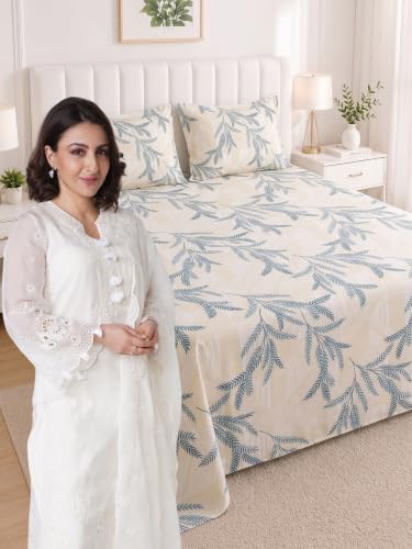 Image of Mafatlal 186 TC Metro Cotton Double Bed Bedsheet | 90x100 Inch|Soft, Breathable & Lightweight | Includes 2 Pillow Covers| Cream Blue 1