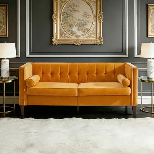 Dreamsir 78'' W Velvet Sofa, Mid-Century Love Seats Sofa Furniture with Bolster Pillows, Button Tufted Couch for Living Room, Tool-Free Assembly (Ginger)
