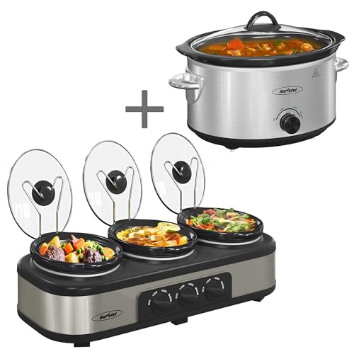 Sunvivi US Sunvivi Slow Cooker, 4qt Small Crock and Triple Slow Cooker with 3 Heating Settings & Removable Ceramic Pot, Mini Food Warmer with Dishwasher Safe Glass Lid & Crock, Stainless Steel, Silver
