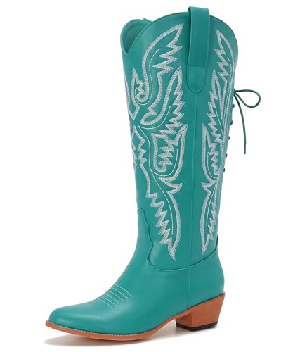 Image of Uillnoodu Wide Calf Cowboy Boots Women Adjustable Lace Up Knee High Tall Plus Size Cowgirl Boots Western Style Comfortable 2-Inch Heel