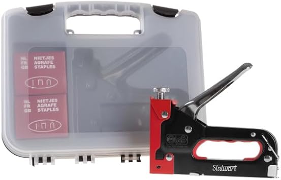 Heavy Duty Staple Gun for Wood Carpentry, DIY Crafts, or Furniture Upholstery Stapler with Staples - 3-Way Heavy Duty Stapler Gun with Carrying Case and 3 Types of Staples Included by Stalwart Red