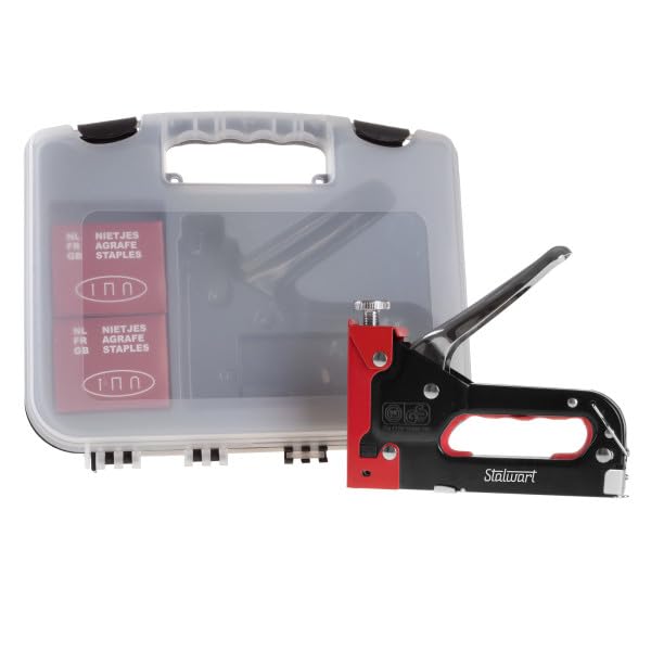 Heavy Duty Staple Gun for Wood Carpentry, DIY Crafts, or Furniture Upholstery Stapler with Staples - 3-Way Heavy Duty Stapler Gun with Carrying Case and 3 Types of Staples Included by Stalwart (Red) by Stalwart - Used condition - US$12.54