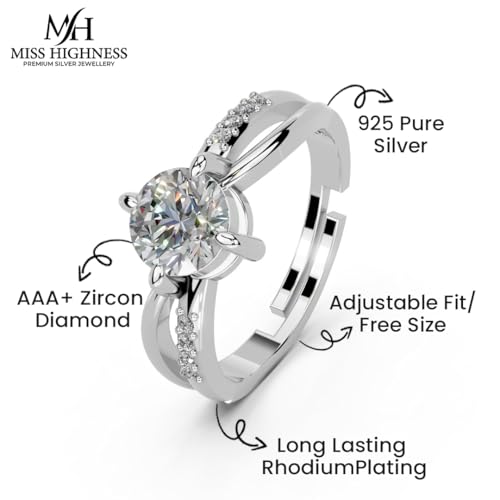 Image of Miss Highness 925 Sterling Pure Silver Ring for Women, Solitaire Rings, Adjustable Size, Daily Wear Silver Jewellery with Certificate of Authenticity, Birthday, Anniversary, Gift for Wife & Girlfriend