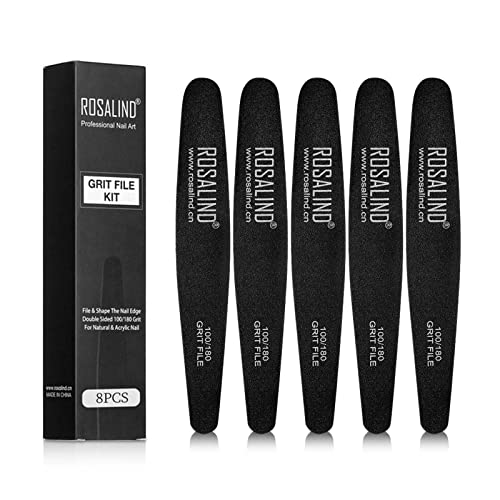ROSALIND Limas de Uñas Profesionales 8pcs, Lima Uñas Gel 100/180, Negro Limas para Uñas de Doble Cara Set Gel Acrílico Limas uñas con Desgaste y Lavable, para Uso Doméstico y Salón