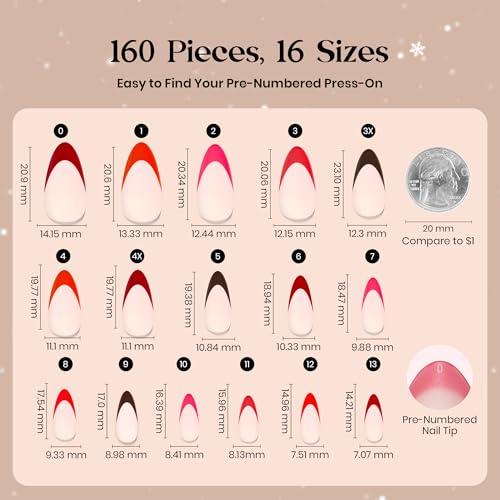 Image of Beetles X Press Red French Tip Press On Nails - Rouge French | 5 Colors Short Almond Press On Nails | 16 Sizes 160 Pcs Natural Salon Quality For Nails