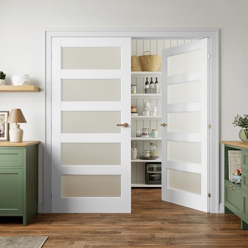 SMARTSTANDARD 5-Panel Frosted Glass Interior Door Slab, (36" x 2) x 80" Slab Door for Pantry Pocket Laundry Bathroom French, Solid Core Panel Without Hardware, White, Need to Assembly (36" x