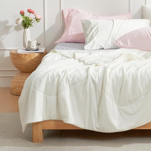 Image of Cozy Bliss Cooling Comforter California King Size, Oversized Cooling Blanket for Hot Sleepers and Night Sweats, Cream Summer Comforter for Cal King Bed, Breathable Soft Lightweight Silk Smooth