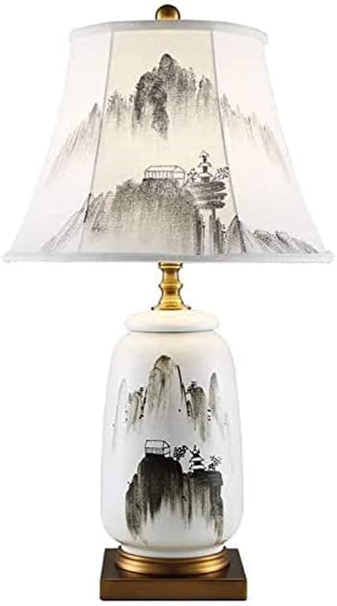 LINGCMP Chinese Style Ceramic Table Lamp Modern Minimalist Ink Landscape Pattern Table Light Warm Bedroom Bedside Lamp with Fabric Shade Living Room Bedroom House Home Office Decor