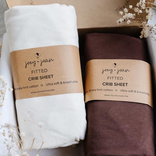 Image of Joey + Joan Fitted Crib Sheets 28 x 52 – Compatible with Standard Crib Mattress and Toddler Bed – 100% Jersey Cotton – Cream + Brown – 2 Pack