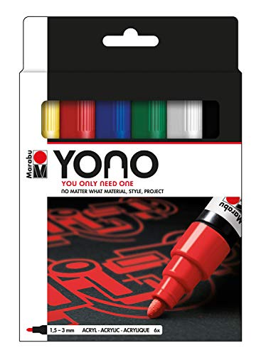 Marabu Yono 124000004002 Marker Set with 6 Colours, Versatile Acrylic Pens with Japanese Bullet Tip 1.5 - 3 mm, Water-based, Lightfast and Waterproof, for Almost All Surfaces