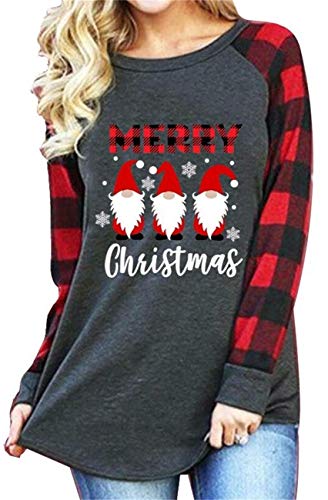 SFHFY Merry Christmas Shirts for Women Gnomes T-Shirt Lights Plaid Splicing Raglan Long Sleeve Tee Xmas Holiday Pullover Top Black Red