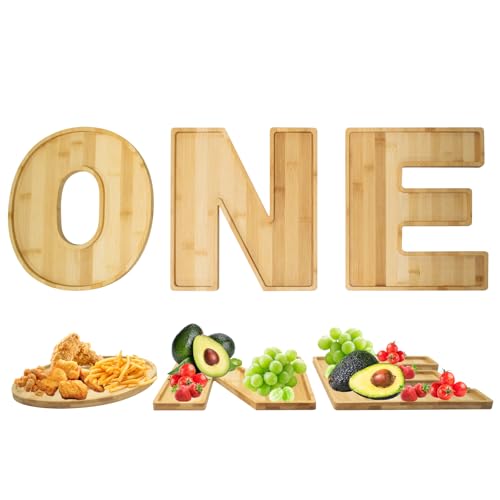 JoyHuaTrade 3 PCS Bamboo Wooden ONE Charcuterie Board Letters 12 Inch, Wood Boards for Fruit Salad Cheese Cake Cookies Dessert Platter Vegetable Plates, Charcuterie Letters Fillable