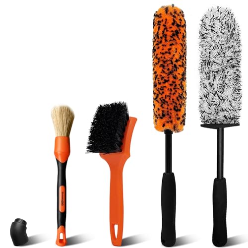 Car Wheel Brush Kit, 4PCS Microfiber Wheel Cleaner Brush, Soft & Scratch-Free Detailing Brush and Tire Brush, Professional Wheel Cleaning Kit for Car Rim Fenders Engine Exhaust Tips, Orange