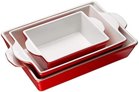 Kook Ceramic Bakeware Set, Rectangular Baking Dishes, For Casseroles, Lasagna, Cake, Small, Medium & Large Pans, Microwave & Dishwasher Safe, Set of 3 (Cherry)