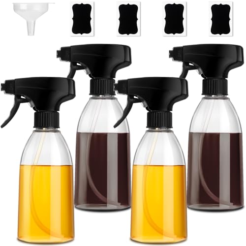 gmisun Oil Sprayer for Cooking, 4 Pcs Food-Grade Plastic Olive Oil Spray Bottle, 10 Fl Oz Oil Spritzer Mister, Refillable Oil Dispenser for Avocado, Olive, Coconut Oils, Vinegars, Kitchen Cleaner