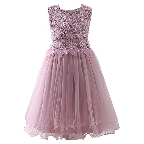AbaoSisters Flower Girl Dress Lace Crochet Bow Sash Party Wear 6-13 Year Old (10-11 yrs, Pink)