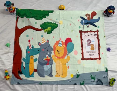 Image of Growth Keepsake Baby Blanket 51 * 43 Inch Jungle Theme Monthly Age Marker Blanket Cute Animal Party Printed Background Washable Foldable Play Mat for Infants