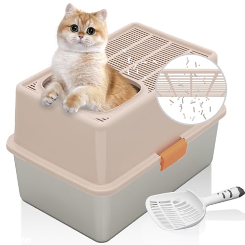 MEEXPAWS Stainless Steel Cat Litter Box Top Entry XL Large with Lid, 8'' High Side Metal Cat Litter Box for Big Cats, Top Cover with Slot, Non-Stick, Easy Clean, Include Litter Scoop
