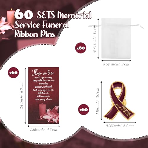 Image of Unittype 60 Set Funeral Ribbon Pins Awareness Lapel Pin | Memorial Pins Remembrance Ribbon Brooch with Prayer Cards Organza Bags for Women Men