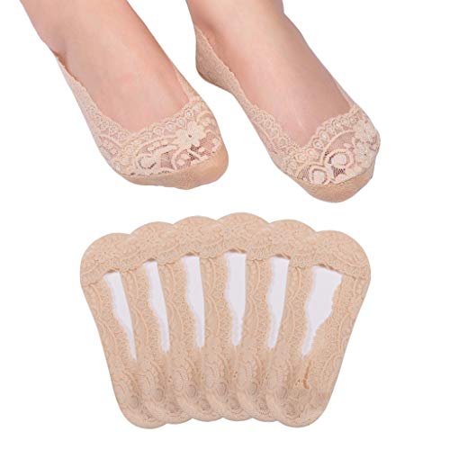 Panda Bros 6 Pairs Women's Lace No Show Socks Low Cut Non Slip,Invisible with Flats,Pumps,Boat Liner Socks(5-7.5)