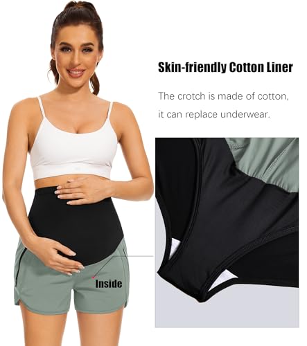 Image of PACBREEZE Women's Maternity Shorts Over Belly Quick Dry Workout Athletic Running Shorts with Zipper Pockets