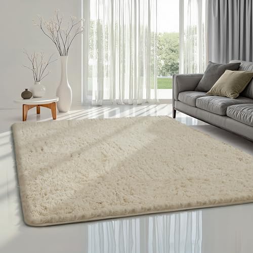 the carpet Soft Shaggy Flauschiger Hochflor Teppich, Wohnzimmer, Kinderzimmer, Anti-Rutsch Unterseite, kuschelig weich und super Soft, Beige, 160 x 220 cm