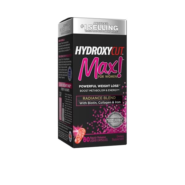 Weight-Loss-Pills-for-Women-Hydroxycut-Max-Weight-Loss-Supplement-Pills-with-Biotin-Hair-Nails-and-Skin-Vitamins-Metabolism-Booster-for-Weight-Loss-Iron-Supplement-60-Count-Pack-of-1 Hydroxycut + Women Pills with Biotin & Collagen | Hair Nails and Skin Vitamins | Iron Supplement | Energy Pills, 60 Count (1 Pack)