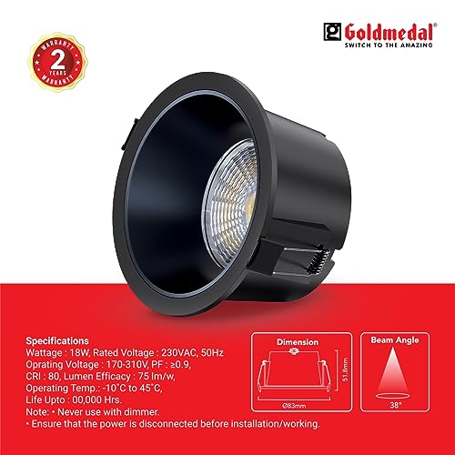 Image of Goldmedal Orchid 18W Black COB Round LED Spotlight |Compact Design Ceiling Light for Cabinets & Wardrobes | with 38 Beam Angle | Spotlight for Home & Display | Energy-Efficient |Warm White(3000K)