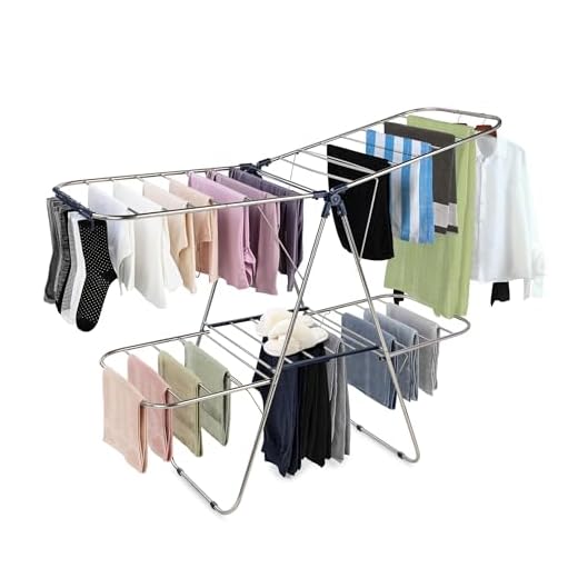 Foldable Clothes Drying Rack - Large I 2 Level Laundry Drying Rack for Sheets, Towels & All Clothing Including 33 Hanging Rails, Height Adjustable Wings and 32 Clips for Socks & Underwear – Dark Blue