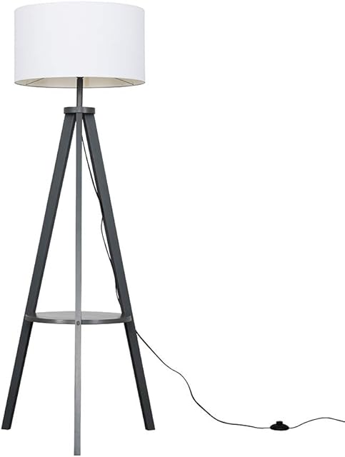 MiniSun Modern Grey Wood Tripod Design Floor Lamp with Storage Shelf & White Drum Shade